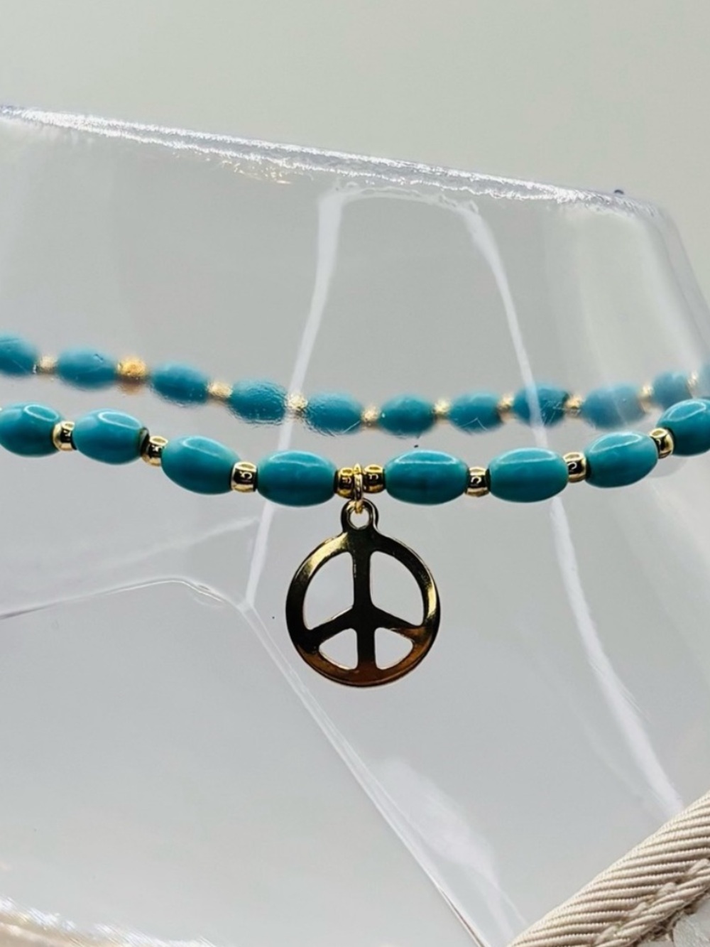 *ANKLET* S.Steel Peace Charm & Dyed Turquoise Stretchy Anklet - Picture 5 of 7